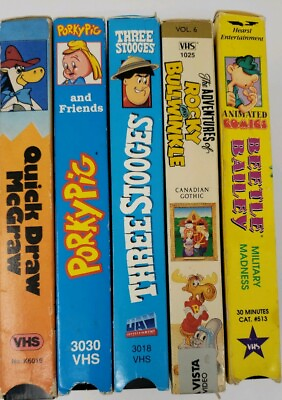 #ad 5 Classic Cartoons VHS Lot 3 Stooges Porky Pig Quick Draw Beetle Bailey Rocky $38.00