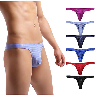 #ad Men#x27;s Striped Boxer Underwear Thong Cotton Comfortable G string Briefs Bikini $7.42