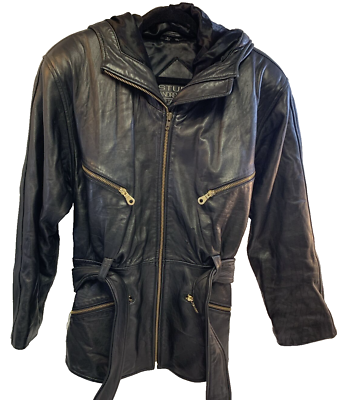 #ad Andrew Marc Black Leather Lined Zip Hood Pockets Biker Jacket Coat Women#x27;s S M $74.97