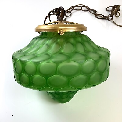 #ad Vtg MCM 7”H Round Green Globe Hanging Swag Bubble UFO Lamp w 30in Chain READ $190.00
