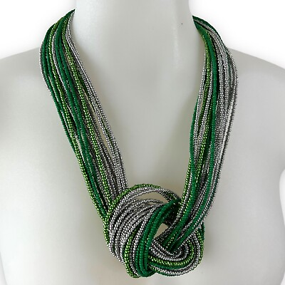 #ad Womens Green amp; Silver Statement Beaded Multilayer Chunky Bib Knot Necklace NEW $7.99