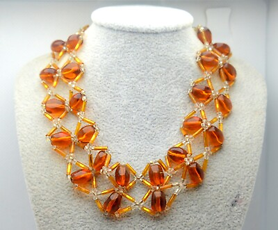 #ad VINTAGE ORANGE COLOR WIDE GLASS BEADS NECKLACE FOR LADY $10.20