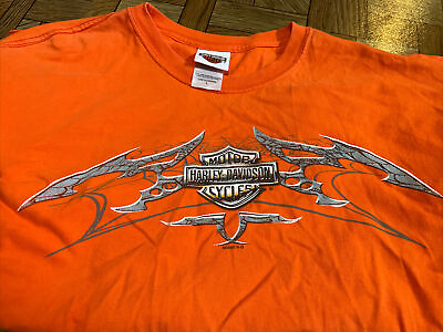 #ad Harley Davidson T Shirt Mike’s Famous 2005 New Castle DE Mens L Orange Biker USA $18.99