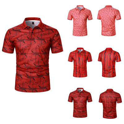 #ad Men#x27;s Casual Printed Short Sleeve Turn Collar Shirt Muscle Golf Blouse Tops US $13.15