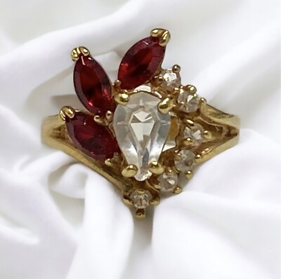 #ad Vintage Cocktail Ring Red Marquise amp; Clear Teardrop Round CZs Gold Tone Size 5 $26.00