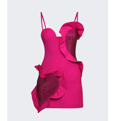 NWT AREA Heart Ruffle Mini Dress Fuchsia Pink Crystal Size 2 XS $1695 NEW $395.00