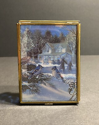 #ad Enesco Stained Glass Brass Foil Jewelry Trinket Box Winter Scene House Birds $24.00