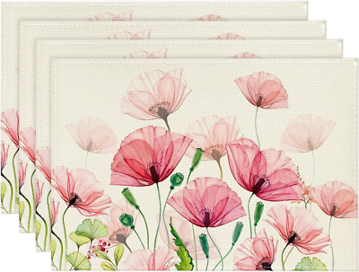#ad 4PSC Poppy Floral Leaves Spring Placemats Set of 4 12X18 Inch Seasonal Summer T $18.12