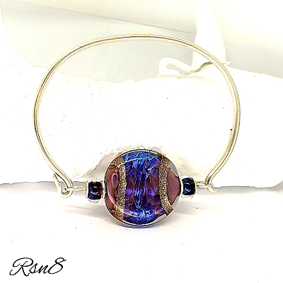 #ad Purple blue dichroic glass sterling 925 silver Spinning Fiddler comfort bracelet AU $125.00