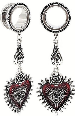 #ad Pair Gothic Heart Dangling Drop Ear Tunnels Ear Gauges Piercings Body Jewelry $16.37