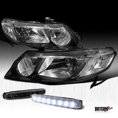 #ad JDM Black 2006 2011 Fit Honda Civic 4Dr Headlights w 8 LED Bumper Fog Lamps $87.99