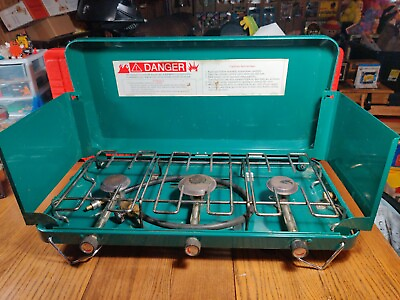 #ad Vintage 3 Burner Propane Camping Stove 23quot; Wide With Stand That Doubles As Lock $39.99