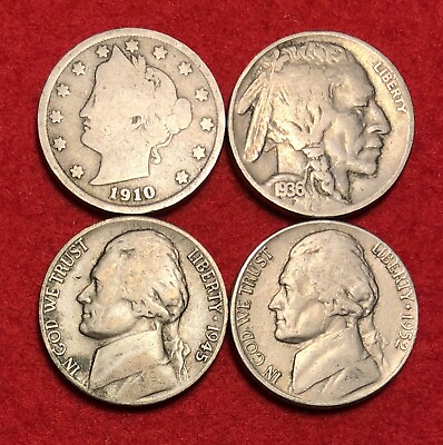 #ad Lot of 4 US Nickels of the 20th Century Liberty Head Buffalo Silver War Nickel $5.99