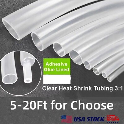 #ad 5 20 FT Clear 3:1 Heat Shrink Tube Lot Adhesive Glue Dual Wall Marine Tubing USA $6.99