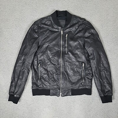 #ad AllSaints Leather Jacket Mens Large Black Bomber Moto Biker Kemble Recycled $250.00