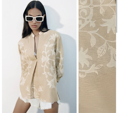 #ad NWT Womens Zara Printed Linen Blend Blouse Top Tan Size S $47.49