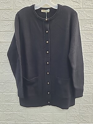 #ad New Woolovers Lambswool Crew Neck Long Sleeve Button Up Black Cardigan Sz Medium $64.99