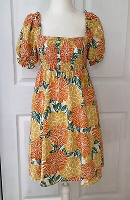 #ad House of Harlow 1960 100% Linen Tropical Floral Smocked Mini Dress Size Medium $27.99