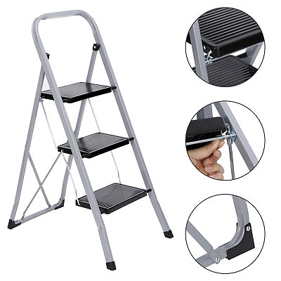 #ad Ladder Folding Steel Step Stool Anti slip 300Lbs Capacity Silver 3 Step Black $27.80