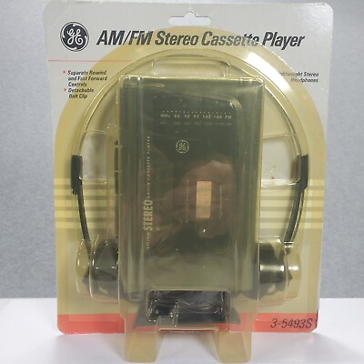 #ad Vintage General Electric AM FM Stereo Cassette Player 3 5493S w Headphones NEW $64.95