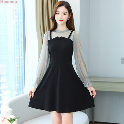 #ad Korean Fashion Women Mesh Patchwork Empire Waist A line Cocktail Party Dress $24.83