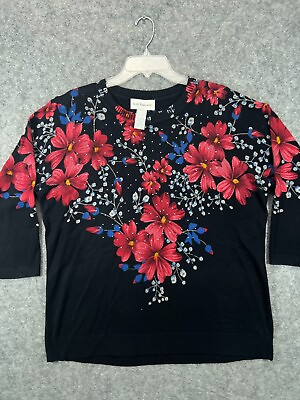 #ad CD Daniels Shirt Womens 1X X Black Floral Rhinestones Top Blouse Casual Ladies $13.99