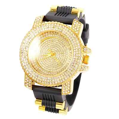 #ad Watch Iced Face Hip Hop Gold Fashion Finished Luxury Black Silicone Unisex Band $18.99