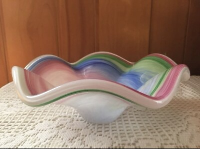 #ad Vintage Murano Italian Art Glass Pastel Swirl Rainbow Bowl Centerpiece $80.00