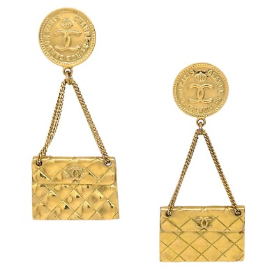 Chanel Gold Bag Dangle Earrings Clip On 94P 123097 $1088.00