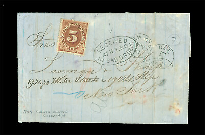 #ad COLOMBIA 1879 SANTA MARTA to US NY quot;RECEIVED IN BAD ORDERquot; #J4 5¢ POSTAGE DUE $750.00