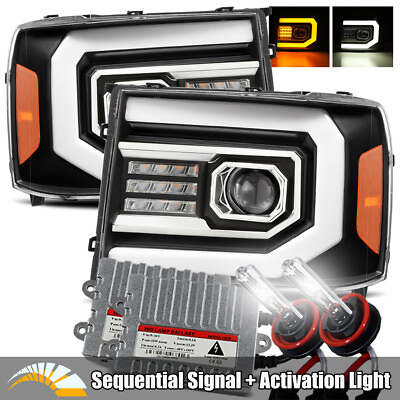 #ad 6000K HID For 07 13 GMC Sierra Sequential Signal Black Dual Projector Headlights $381.00