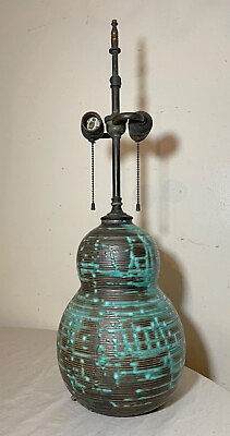 #ad antique ornate green drip glazed gourd pottery vase brass electric table lamp $495.49