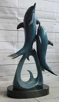 #ad Majestic Bronze Dolphins Statue by Miguel Lopez Abstract Special Patina Sale NR $849.00