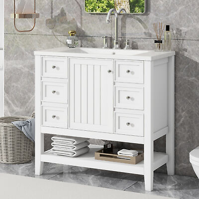 #ad 36quot; Bathroom Vanity w Sink ComboOne Cabinet and Three Drawers Solid Wood White $453.64