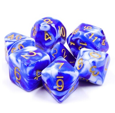 #ad 7 Piece Blue White Gemini Polyhedral Dice Set with Blue 3 x 4 Velour Dice Bag $11.95