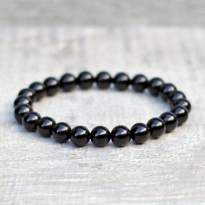 #ad Natural 6mm Black Onyx Stone Stretch Bracelet Black Stone Mens Bracelet Handmade $11.50
