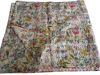#ad Indian Handmade Beige Floral Kantha Quilt Reversible Bedspread Queen Size Cotton $69.29