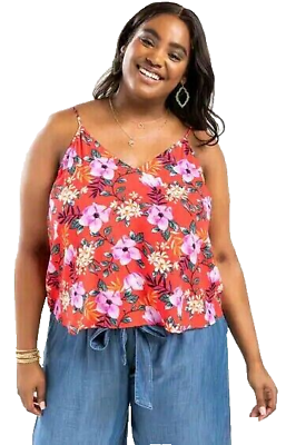 #ad NEW Francesca#x27;s 2X Women#x27;s Red Floral Tropical Tank Top Blouse V Neck $14.59