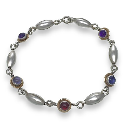 #ad Vintage Sterling Silver 925 Purple Amethyst Tourmaline Link Bracelet 7.5quot; $40.00