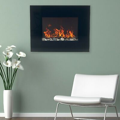 #ad Black Glass Panel Electric Fireplace Wall Mount amp; Remote 26 x 20 Inch 1500W $135.99