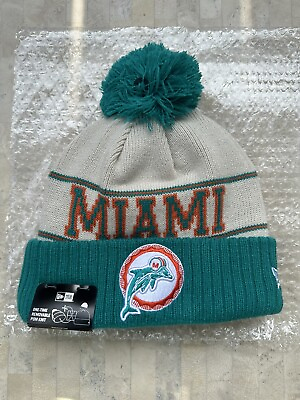 #ad Miami Dolphins New Era Men#x27;s 2023 Sideline Aqua Historic Knit Pom Beanie $69.99