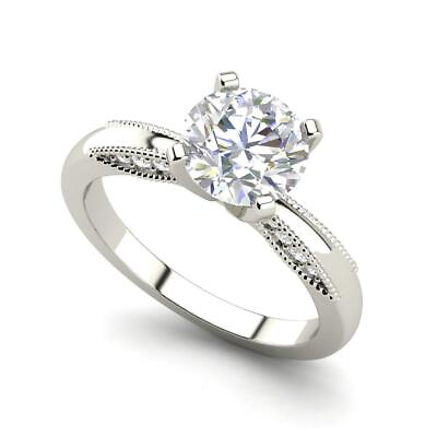 #ad Milgrain Solitaire 1 Ct VS2 H Round Cut Diamond Engagement Ring Treated $1273.80