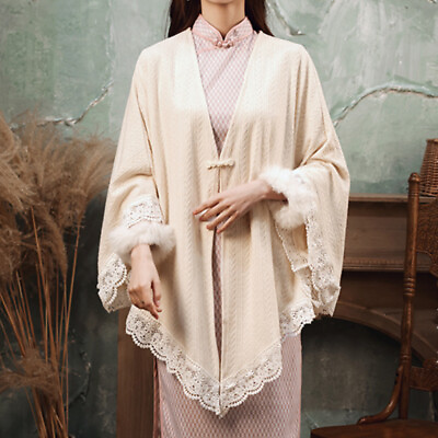 #ad Ladies Top Shirt Cape Cloak Poncho Coat Lace Trim Outerwear Solid Retro Ethnic $28.79