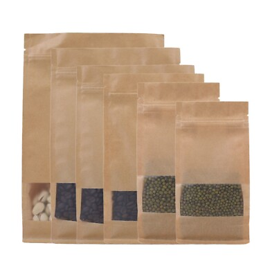 #ad 100 Kraft Craft Paper Mylar Side Gusset Zip Top Pouches w Window Choose Size $69.79