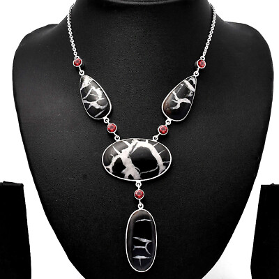 #ad Natural Black Septarian amp; Garnet 925 Sterling Silver Necklace Jewelry SDN1831 $55.99