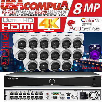 #ad Hikvision 8MP 16CH NVR DS 7616NXI K2 16P ColorVu HD IP Camera system W Audio Lot $129.99