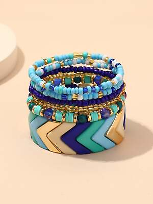 #ad 6pcs Blue Green Gold Beaded Bracelet Women Bracelet Stackable Bracelet Crafted $6.32