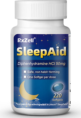 #ad RXZELL Sleep Aid Diphenhydramine HCl 50mg 220 Softgels Fall Asleep Faster D $13.29