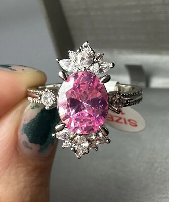 #ad NWT Radiant Pink Oval W Accents amp; Beaded Rhodium Pl Band Sz10 Ring Bomb Party $19.00