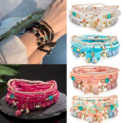 #ad 8Pcs Set Boho Multilayer Crystal Bangle Beaded Bracelet Women Jewellery Gift New AU $4.85